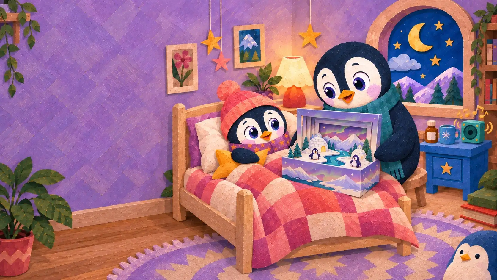 Pip and his parent explore an open layered story playset on his quilt, with an audio speaker beside them in their paper bedroom
