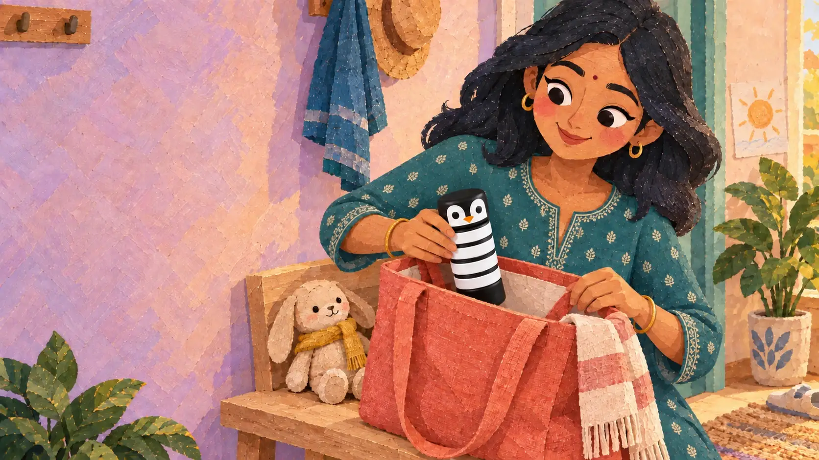 An Indian mother in a teal kurta places the striped Pip syrup bottle carrier into her open tote bag, in a layered papercraft scene