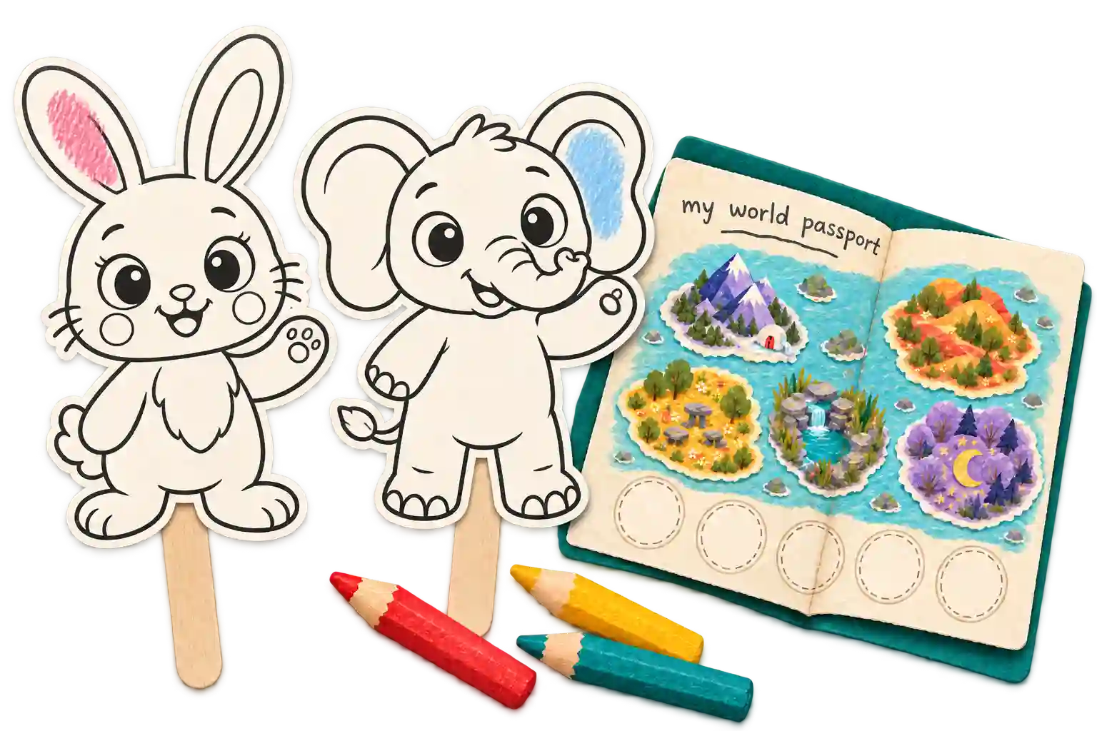 Colour-in rabbit and elephant paper puppets, coloured pencils and an illustrated passport to the living map's different worlds