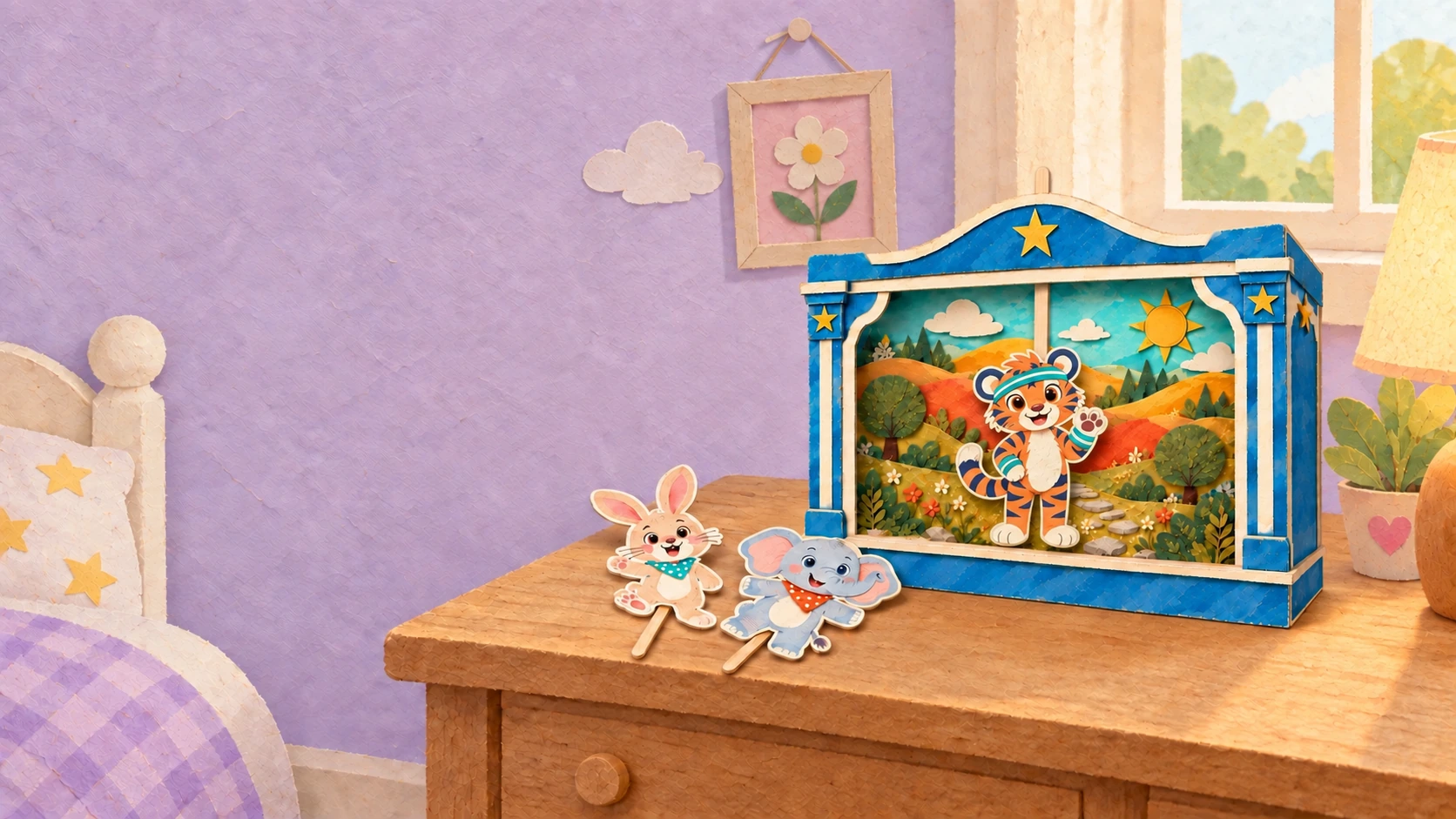Tiggy’s layered blue paper story playset rests on a wooden bedside table in a lilac bedroom, with loose rabbit and elephant paper puppets beside it
