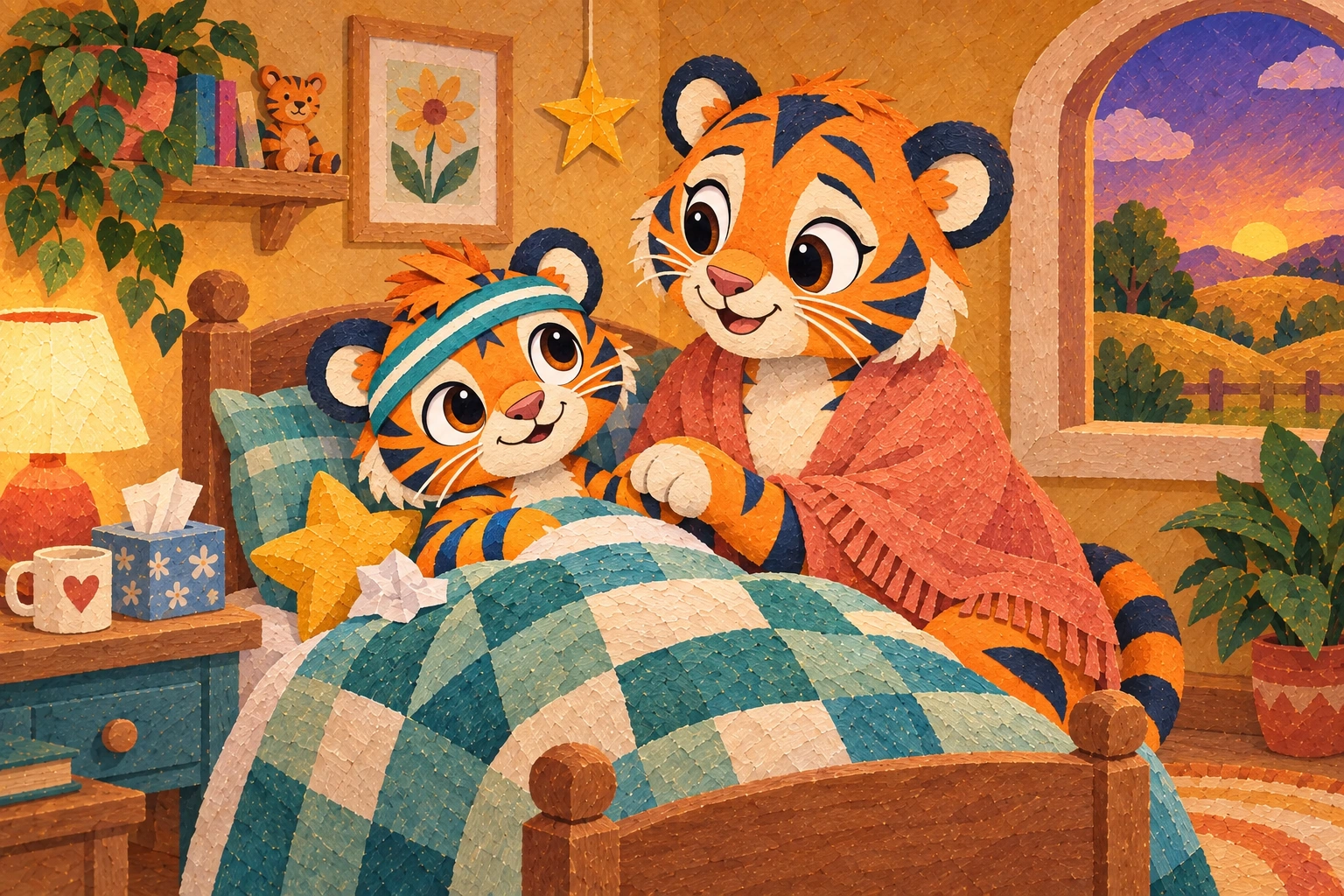 Tiggy rests under a teal quilt while his tiger parent holds his paw in their cosy paper-cut bedroom.
