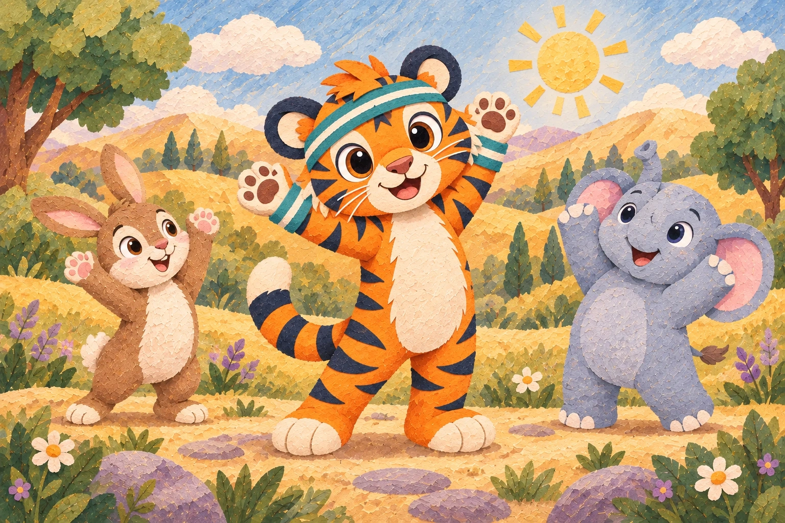 Tiggy stretches with rabbit and elephant friends in a sunny paper-cut valley.