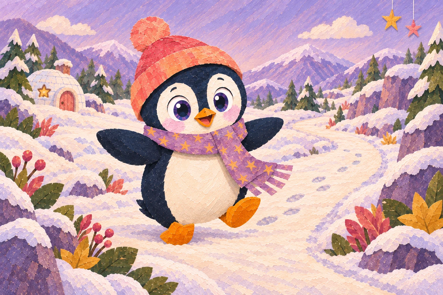 Pip balances on one foot with his flippers spread on a winding snowy path.